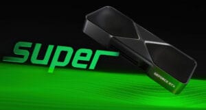 Montaje ilustrativo de una tarjeta GeForce RTX junto al texto SUPER sobre fondo verde.