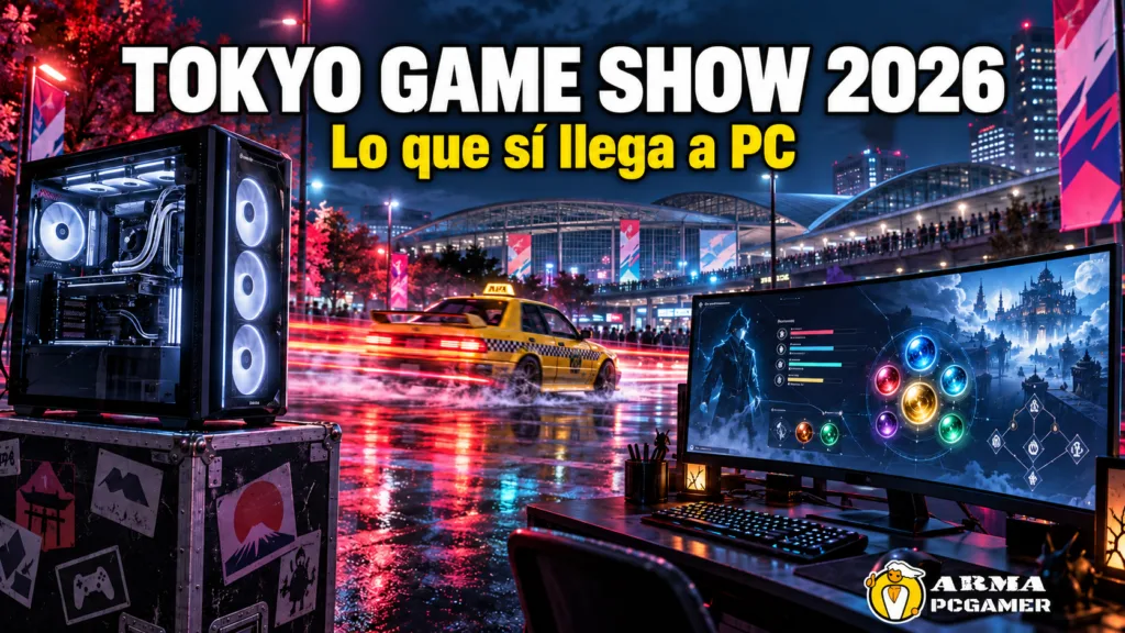 PC gamer y monitor frente a una escena nocturna de Tokio, con el título Tokyo Game Show 2026: lo que sí llega a PC.