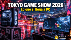 PC gamer y monitor frente a una escena nocturna de Tokio, con el título Tokyo Game Show 2026: lo que sí llega a PC.